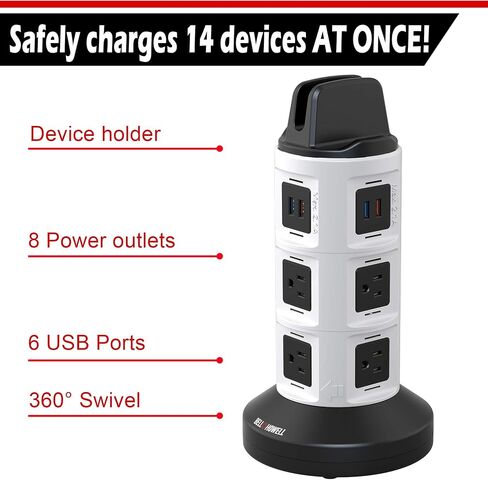 Spin Power Deluxe من Bell+Howell Power Strip Tower مع جهاز حماية من زيادة التيار، محطة شحن كهربائية، منفذ USB، شريط طاقة موسع، 8 منافذ، 6 منافذ USB، سلك قابل للسحب 45 بوصة، تصميم دوار 360 درجة in Kuwait