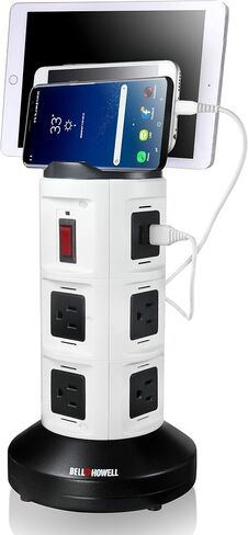 Spin Power Deluxe من Bell+Howell Power Strip Tower مع جهاز حماية من زيادة التيار، محطة شحن كهربائية، منفذ USB، شريط طاقة موسع، 8 منافذ، 6 منافذ USB، سلك قابل للسحب 45 بوصة، تصميم دوار 360 درجة in Kuwait