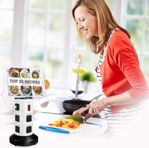 Spin Power Deluxe من Bell+Howell Power Strip Tower مع جهاز حماية من زيادة التيار، محطة شحن كهربائية، منفذ USB، شريط طاقة موسع، 8 منافذ، 6 منافذ USB، سلك قابل للسحب 45 بوصة، تصميم دوار 360 درجة in Kuwait