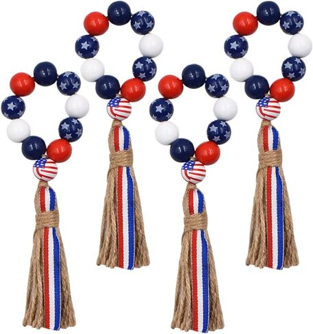 Milisten 4pcs 4th of July Napkin Rings Patriotic Wood Bead Napkin Holder Ring with Rope Tassel Farmhouse Wooden Beads Garland Wall Hanging Decor for Independence Day in Saudi Arabia