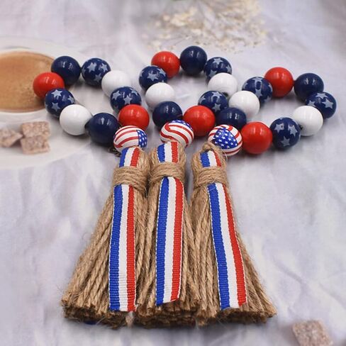 Milisten 4pcs 4th of July Napkin Rings Patriotic Wood Bead Napkin Holder Ring with Rope Tassel Farmhouse Wooden Beads Garland Wall Hanging Decor for Independence Day in Saudi Arabia