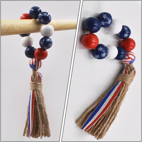 Milisten 4pcs 4th of July Napkin Rings Patriotic Wood Bead Napkin Holder Ring with Rope Tassel Farmhouse Wooden Beads Garland Wall Hanging Decor for Independence Day in Saudi Arabia
