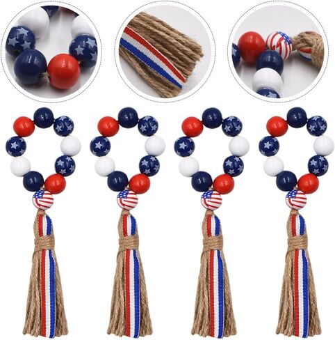 Milisten 4pcs 4th of July Napkin Rings Patriotic Wood Bead Napkin Holder Ring with Rope Tassel Farmhouse Wooden Beads Garland Wall Hanging Decor for Independence Day in Saudi Arabia