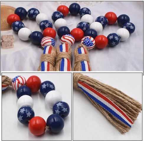 Milisten 4pcs 4th of July Napkin Rings Patriotic Wood Bead Napkin Holder Ring with Rope Tassel Farmhouse Wooden Beads Garland Wall Hanging Decor for Independence Day in Saudi Arabia