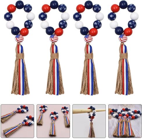 Milisten 4pcs 4th of July Napkin Rings Patriotic Wood Bead Napkin Holder Ring with Rope Tassel Farmhouse Wooden Beads Garland Wall Hanging Decor for Independence Day in Saudi Arabia