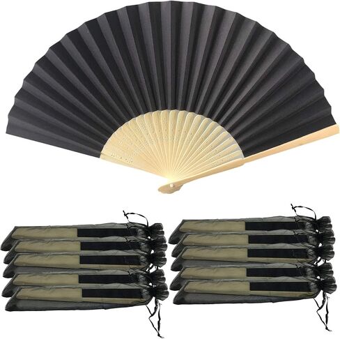Rangebow Pack of 10 Wholesale Paper Hand Fan Bamboo Ribs Wedding Party Favour (Black) in Saudi Arabia