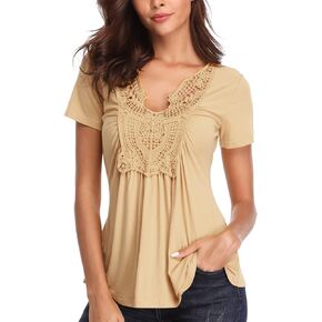 MISS MOLY Tunic Tops for Women Deep V Neck Lace Ruched Front Ruffle Short Sleeves Peasant Blouse Pleated Shirts