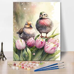 Rebotipy Birds Painting by Numbers for Adults, Pink Tulips DIY Paint by Numbers Abstract Flowers Oil Painting Acrylic Painting Kit, 16x20 Inches Without Frame Paint by Numbers for Home Decor