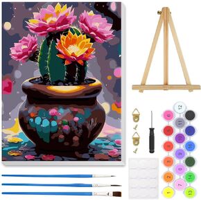 HEIBAGO Cactus Paint by Numbers Kit for Adults with Framed Canvas Wooden Easel, Flowers Paint by Numbers for Adults Beginner, Cactus DIY Acrylic Oil Painting Kits Arts Crafts for Wall Decor 12x16inch