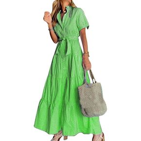 Ladyful Women's Striped Shirt Babydoll Dress Short Sleeve Beach Tiered Sundress with Belt