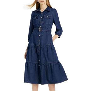 Women's Denim Dress Button Down Lapel Collar Casual Midi Dress with Belt