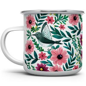 Floral Hummingbird Enamel Camping Coffee Mug, Nature Flowers Botanical Garden Gift Cup for Friend Coworker Women Mom (16oz)