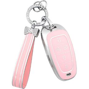 PIFOOG Key Fob Cover for Hyundai Sonata Fe Cruz Tucson Sonata Palisade Ioniq 5 Button Pink Car Remote Keys Case Shell Protector Bling Keychain Accessories Girly Women TPU
