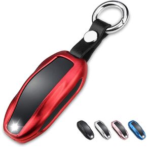 QBUC لغطاء مفتاح Tesla Key Fob مع سلسلة مفاتيح متوافقة مع Tesla Model S/3/Y حافظة حماية بدون مفتاح ملحقات جهاز التحكم عن بعد الذكية (أحمر)