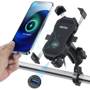 Jitehsha دراجة نارية لاسلكية وQC3.0 USB شاحن جبل الهاتف Qi 15W المقود حامل الهاتف المحمول قفل ذاتي مزدوج الكرة 9 سم مقبس جذعي مع قاعدة ألومنيوم دوران 360 للهواتف الذكية 3.5-6.8 بوصة