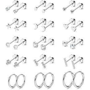 Hypoallergenic Surgical Steel Earrings for Women Men 14K Gold Plated Star Moon Pearl Ball CZ Flat Back Cartilage Helix Earring Sets