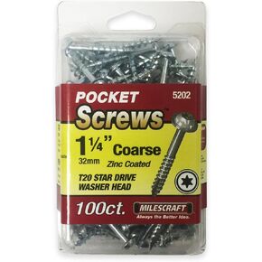 Milescraft 5202 Wood Pocket Hole Screws - #7 x 1-1/4" Washer Head with Coarse Thread (100pc.), Torx Drive Self-Tapping, for Indoor Use