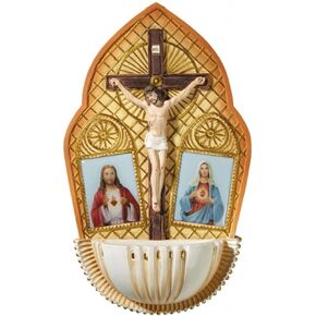 The Sacred Hearts with Crucifix Resin Holy Water Font, 7 1/2 Inch