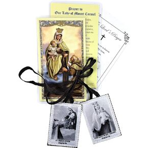 Brown Scapular Of Our Lady Of Mount Carmel with Our Lady of Mount Carmel Laminated Holy Card, Lord's Prayer Card | Vintage Style Catholic Scapular | Escapulario De La Virgen Del Carmen |3 Items Set