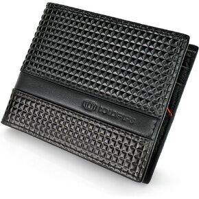 ColdFire Men's Slim Leather Wallet - Black - RFID Blocking - Bifold - Multi Compartment - Pyramid Pattern (4 Card Slots and Coin Pocket)