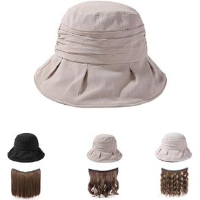 Summer Women's Beach Sun Hat, Wide Brim Sun Protection, Lightweight Cotton Hat with Hair Attached via Magic Tape