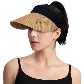 Peicees Wide Brim Visors for Women Packable Sun Protection Hat Straw Visor for Beach Travel Summer Sunshade Ponytail Hat