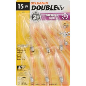 SYLVANIA Double Life Incandescent Light Bulb, B10, 15W, Candelabra Base, 65 Lumens, 3000K, Clear, Soft White - 6 Count (Pack of 1) (15318)
