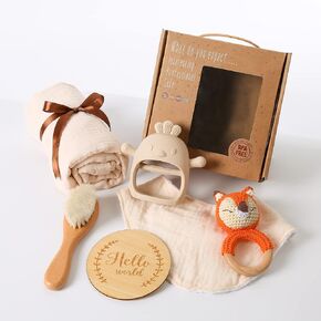 YOUUYS Baby Gift Set for Newborn - Baby Essential Bath Basket Gift Set with Baby Blanket Baby Rattle Teether Toy & Hair Brush Newborn Shower Gift for Baby Girls Boys 6PCS (Elephant)