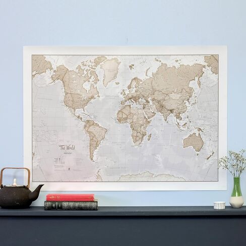 Large Map Of The World – Silk Art Print World Map – Neutral Tones - 23 x 33 in Saudi Arabia