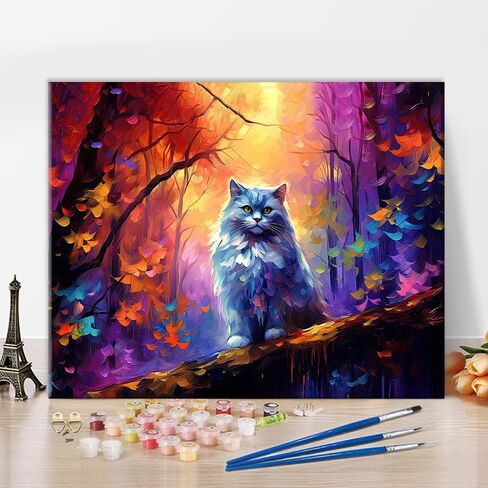 TUMOVO Paint by Numbers Kit for Adults Cute Grey Cat in Autumn Forest DIY Paint by Numbers on Canvas Color by Numbers for Adults Adorable Wildlife Adults' Paint-by-Number Kits - 16x20inch, Flameless in Saudi Arabia