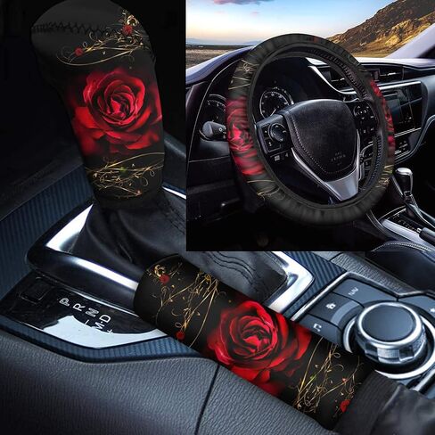 Red Rose Print Car Steering Wheel Cover with Handbrake Cover Gear Shift Knob Cover Set for Women Universal Fit SUV Truck Vans Car Interior Accessories for Women Men in Saudi Arabia