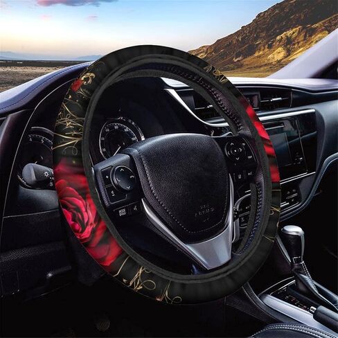 Red Rose Print Car Steering Wheel Cover with Handbrake Cover Gear Shift Knob Cover Set for Women Universal Fit SUV Truck Vans Car Interior Accessories for Women Men in Saudi Arabia
