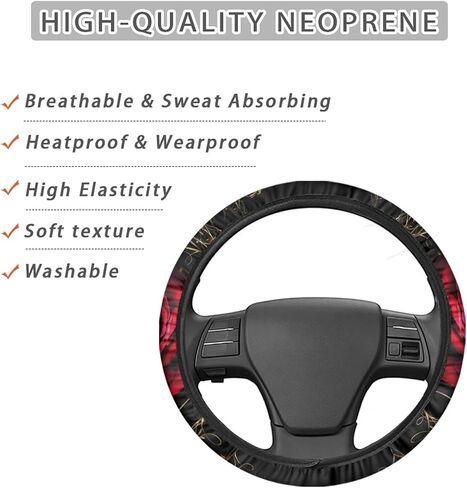 Red Rose Print Car Steering Wheel Cover with Handbrake Cover Gear Shift Knob Cover Set for Women Universal Fit SUV Truck Vans Car Interior Accessories for Women Men in Saudi Arabia