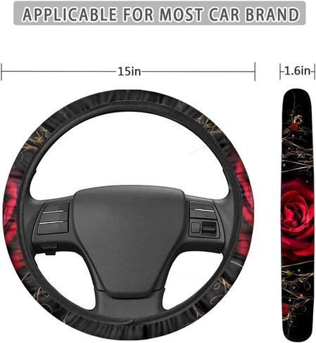 Red Rose Print Car Steering Wheel Cover with Handbrake Cover Gear Shift Knob Cover Set for Women Universal Fit SUV Truck Vans Car Interior Accessories for Women Men in Saudi Arabia