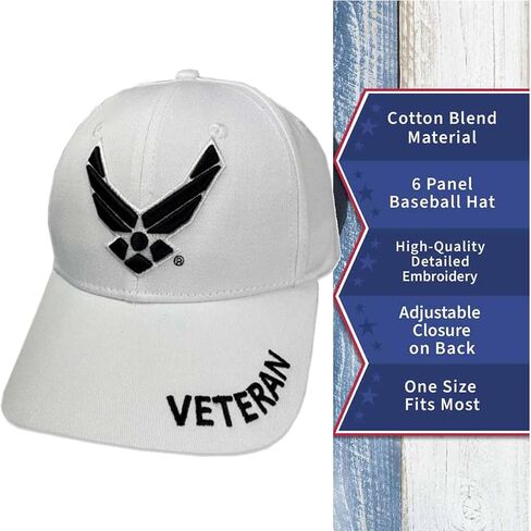 US Air Force Veteran White Baseball Hat with Embroidered Air Force Wings Logo - Officially Licensed in Saudi Arabia