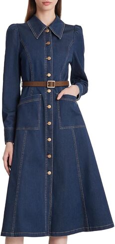 فستان نسائي من الدنيم بأزرار سفلية وياقة على شكل طية صدر السترة، فستان كاجوال متوسط ​​الطول مع حزام in Kuwait