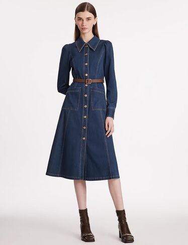 فستان نسائي من الدنيم بأزرار سفلية وياقة على شكل طية صدر السترة، فستان كاجوال متوسط ​​الطول مع حزام in Kuwait