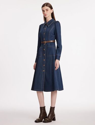 فستان نسائي من الدنيم بأزرار سفلية وياقة على شكل طية صدر السترة، فستان كاجوال متوسط ​​الطول مع حزام in Kuwait