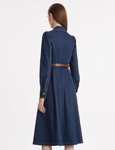 فستان نسائي من الدنيم بأزرار سفلية وياقة على شكل طية صدر السترة، فستان كاجوال متوسط ​​الطول مع حزام in Kuwait