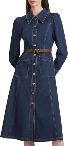 فستان نسائي من الدنيم بأزرار سفلية وياقة على شكل طية صدر السترة، فستان كاجوال متوسط ​​الطول مع حزام in Kuwait