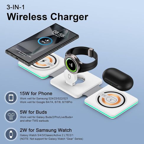 Wireless Charger Samsung Fast Charging Pad, 3 in 1 Wireless Charging Stand for Samsung S24 Ultra S23 FE S22 S21 S20 Note 20 10, Galaxy Watch 5/Pro/4/Active 2/1, Buds/Buds+/Pro/Live/Buds2,with Adapter in Saudi Arabia
