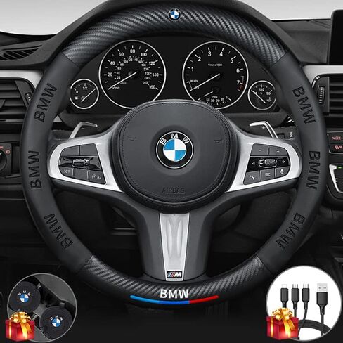 Customized Steering Wheel Cover Compatible with BMW, Premium NAPA Leather&Carbon Fiber Texture Steering Wheel Cover,with 2 Coasters and USB Fast Charging Cable (Black) in Saudi Arabia