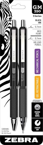 Zebra Pen G-350 and M-350 Retractable Gel Pen/Mechanical Pencil Set, Premium Black Metal Barrel, Medium Point, 0.7mm, (11112), 2 Count (Pack of 1) in Saudi Arabia