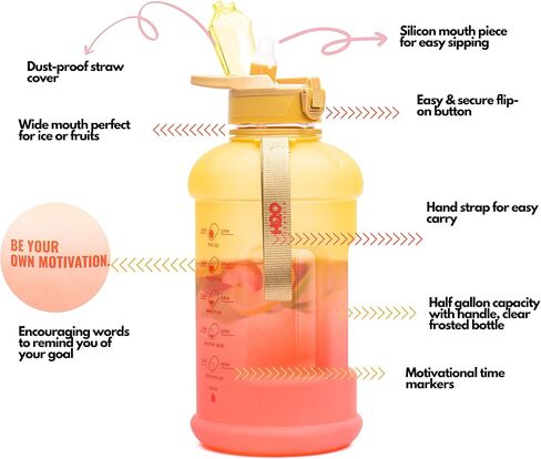 H2O Capsule INSPO Half Gallon Water Bottle with Time Marker and Straw Motivational Hydration Tracker Jug Big BPA-Free FoodSafe Leakproof Drinking Bottle Handle & Strap, Sunny Morning in Saudi Arabia