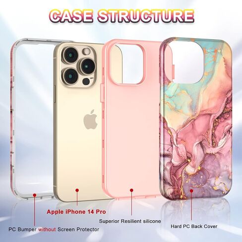 Btscase for iPhone 14 Pro Case, [Military Grade Drop Tested] Marble Pattern Design Slim Rugged Shockproof Women Girls Men Protective Anti-Scratch Cover for iPhone 14 Pro, Rose Gold in Saudi Arabia
