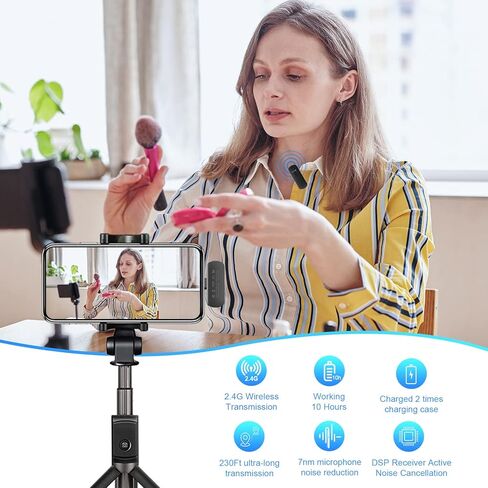 Wireless Lavalier Lapel Microphone Mics Condenser Microphone for iPhone, iPad, Android,Plug-Play 2.4G Ultra-Low Delay Noise Reduction 10H Working Time 230FT for Interview Video Podcast Vlog YouTube in Kuwait