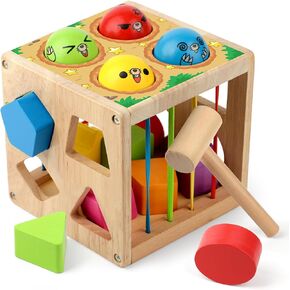 Coogam Wooden Montessori Toys for Toddlers, Shape Sorting Cube Whack Mole Fine Motor Skills Game for 1 2 3 Year Old 18 Month Baby Boys Girls Gift