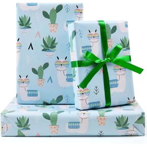 Cactus and Alpaca Wrapping Paper for Kids Women Men, 6 Sheets Cute Llama in Glasses Green Cactus Pattern Gift Wrap Paper with Ribbon, 20 x 30 inch Per Sheet Gift Paper for Birthday, Baby Shower