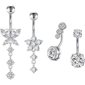Incaton 4PCS Belly Button Rings, Diamond Shine Belly Rings For Women, Cute Dangle Belly Button Rings With Butterfly Flower CZ, Stainless Steel Navel Piercing Pack With Gift Velvet Pouch