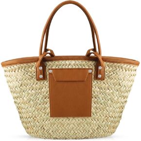 Summer Beach bag, Handwoven Straw Bag, Basket Bag Leather Panels Hand Bag, Straw Crossbody Bags for Women Rattan Shoulder Bag